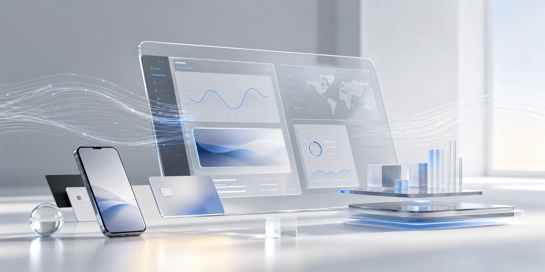Visual premium de interfaces digitales, pagos online y software empresarial creado por iDev4